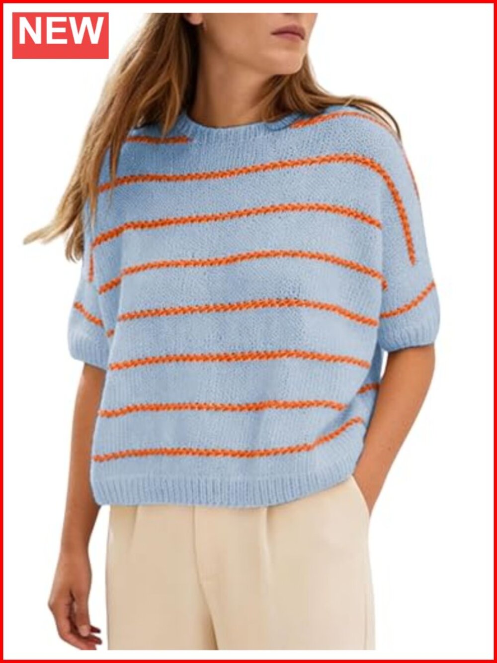 Womens Short Sleeve Striped Sweater Cropped Lightweight Knit Pullover Top